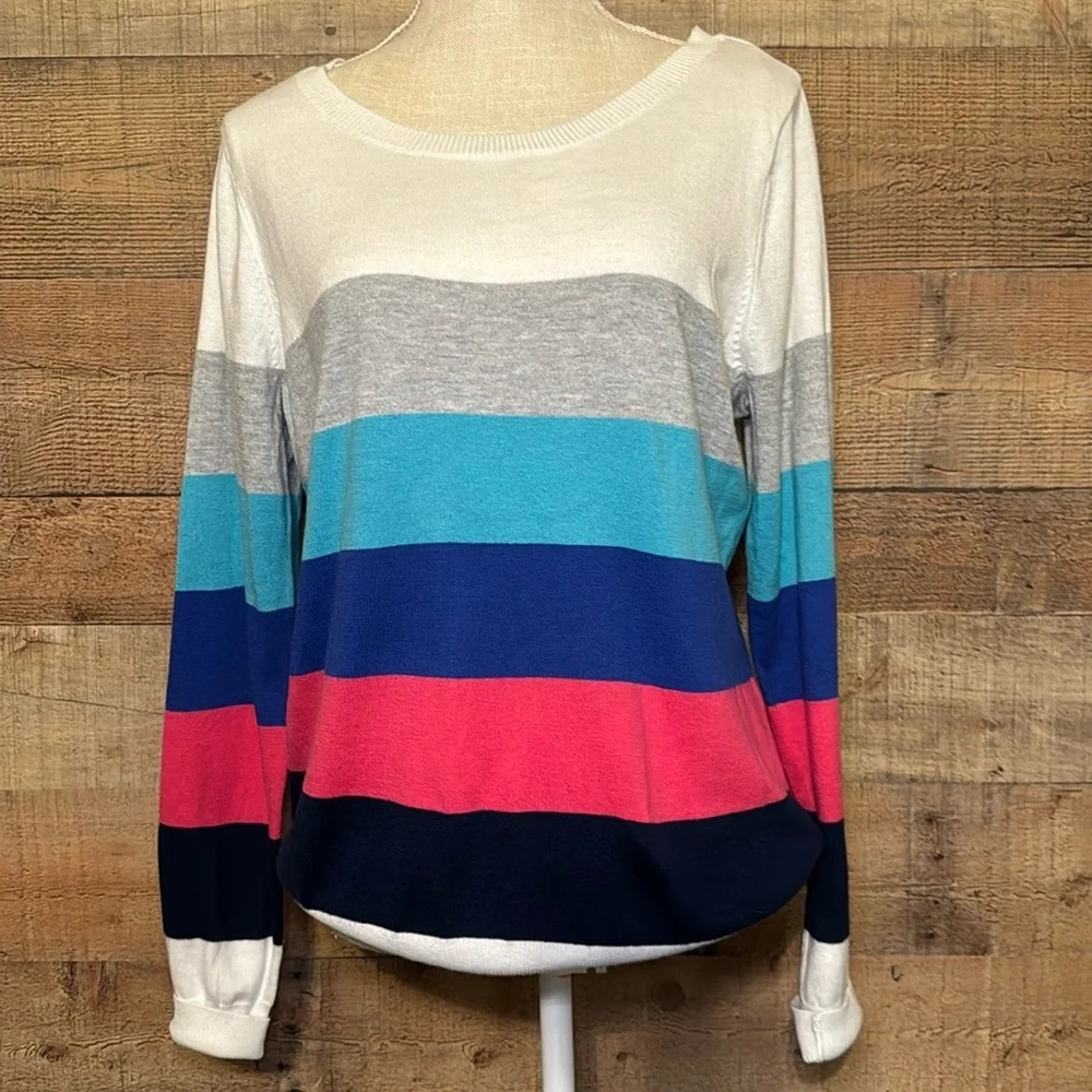 🌻 Liz Claiborne NWT Novelty Pattern Stripe Sweater in Vintage Turquoise Preppy